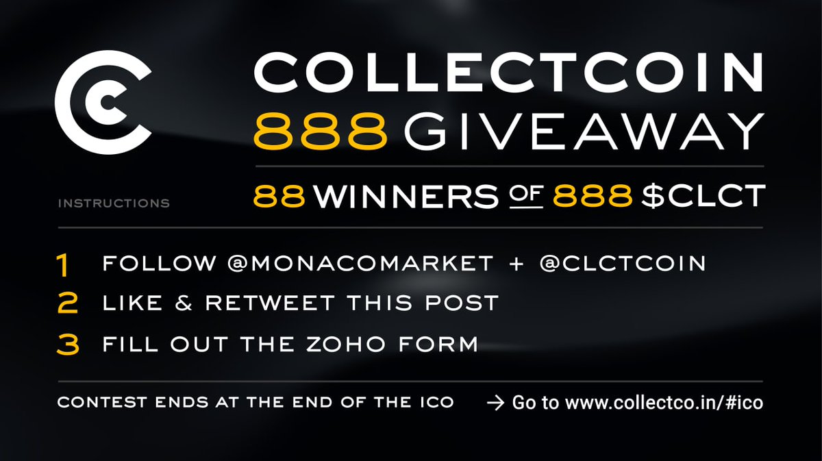 🚨 CollectCoin 888 Giveaway 🚨

1️⃣Follow @monacomarket + @clctcoin
2️⃣Like + RT this post
3️⃣Fill out this form bit.ly/3lMjrh4

88 Winners of 888 $CLCT will be announced at the end of ICO

collectco.in/#ico

#crypto #cryptogiveaway #ico #bsc #bscgems #nft #nfts