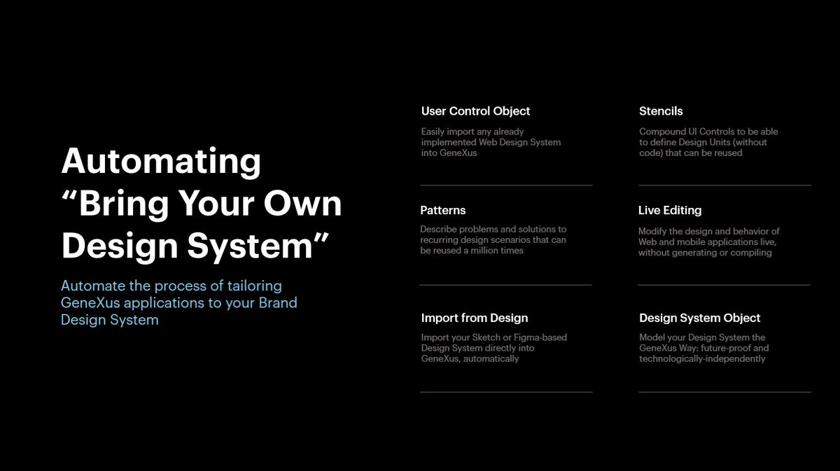 GeneXus's tweet image. 🟣 “Para afrontar el desafío del diseño en las empresas hemos trabajado en Design Systems y en “Bring your Own Desig System” ¡No te pierdas los procesos que facilitan la importación y modelado de diseños GeneXus! #DesignAndMultiexperience @arminbachmann  
#EnterpriseLowCode2021