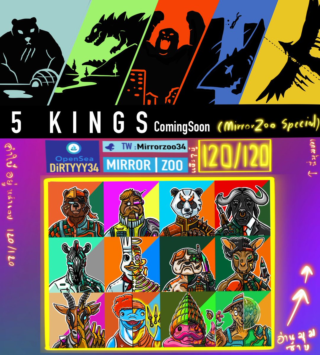 dripimon's tweet photo. “The World needs only one king”

5 Kings are Coming (MirrorZoo Special rarity)

🦍🦏🐪🐅🐕🐍🐳🐬🦕🦀🦧🐡🐆🦒🦘
Buy a Ticket : https://t.co/hqzIE1CaWS

#NFTCommunity #nftcollector #NFTcollection #NFTcollectibles
#NFTTHAILAND #NFTdrop #nftart https://t.co/M6i2izHAsS