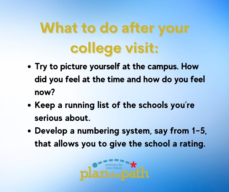 Now that the visit is over, it’s time to process what you saw and heard. Head to Plan The Path’s website for all the tips you need for what to do after you’ve toured colleges. planthepath.com/post-college-v…