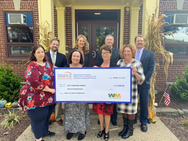 JP2Center's tweet photo. Thank you to the @BridgeEducatio3  and @WasteManagement for their scholarship to JPII (and other deserving organizations)! The presentation was held at the oldest catholic grade school in the USA! https://t.co/XrAJem2C5i