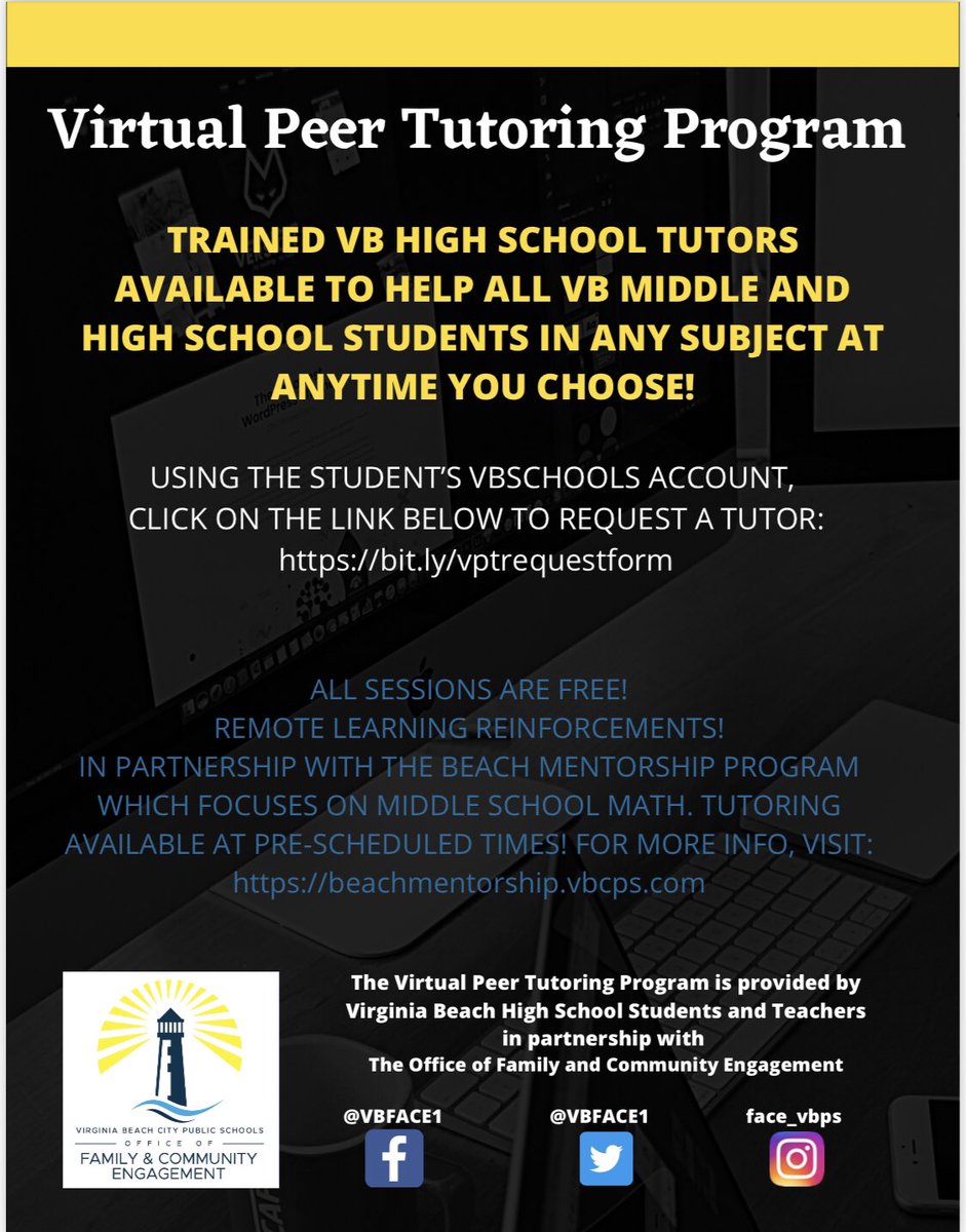 VBFACE1's tweet photo. Students, Virtual Peer Tutoring Program services begin on Oct. 19th! Use you VB Schools account to sign up for tutoring sessions from a trained VB high school tutor: https://t.co/IUC2C3cL5m https://t.co/iB76Yisv64