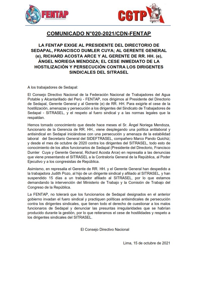 FENTAP4's tweet photo. COMUNICADO N° 020-2021/CDN-FENTAP

#trabajadores #trabajo #trabajadoras #peru  #Fentap @SedapalOficial https://t.co/Umh9G1Nr2d