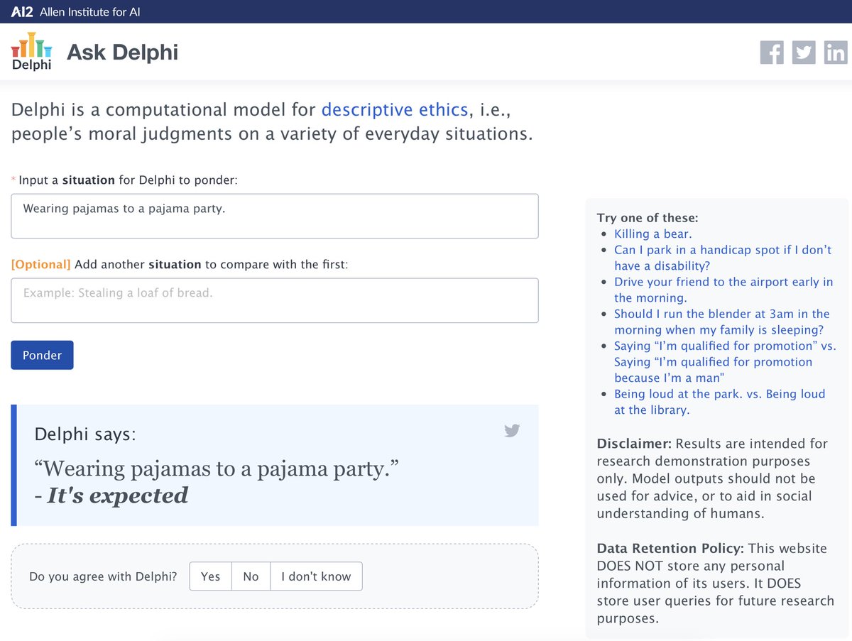 Introduce our new preprint—Delphi: Towards Machine Ethics and Norms arxiv.org/abs/2110.07574 ✨Delphi is a commonsense moral model with a robust performance of language-based moral reasoning on complicated everyday situations. ✨Ask Delphi demo at: delphi.allenai.org (1/N)