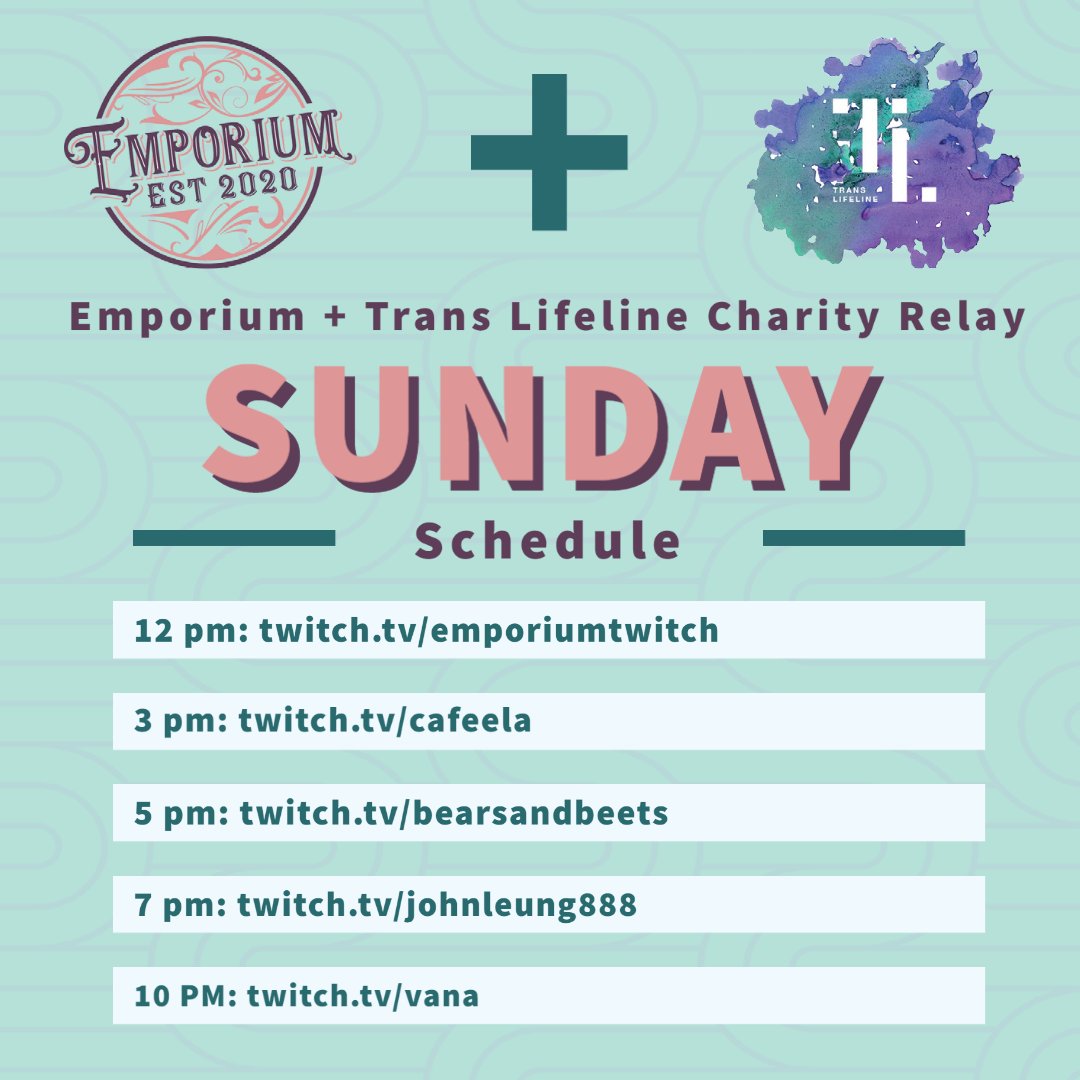 emporiumtwitch's tweet photo. 🏳️⚧️✨NEXT WEEK✨🏳️⚧️
Emporium will be hosting a 3-day charity relay to raise money for @TransLifeline in tandem with their 3rd annual Trans Heart October!
Each day will start off with team games on the Emporium channel and then raid into each subsequent channel.
(all times est) https://t.co/XTQ0f1PMII