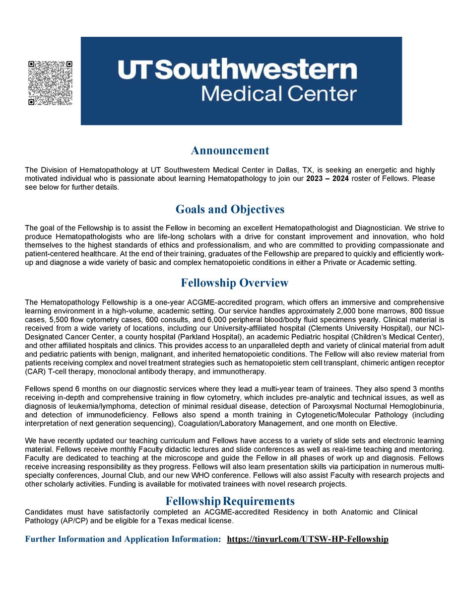 The Division of Hematopathology at UT Southwestern in Dallas, is seeking an energetic and highly motivated individual who is passionate about learning Hematopathology to join our '23–'24 roster of Fellows. 🔬

utsouthwestern.edu/education/medi…

<a href="/HemepathUTSW/">HemepathUTSW</a> <a href="/weinberg_olga/">Olga Weinberg, MD</a> <a href="/cyclinD1/">Jesse M. Jaso</a>