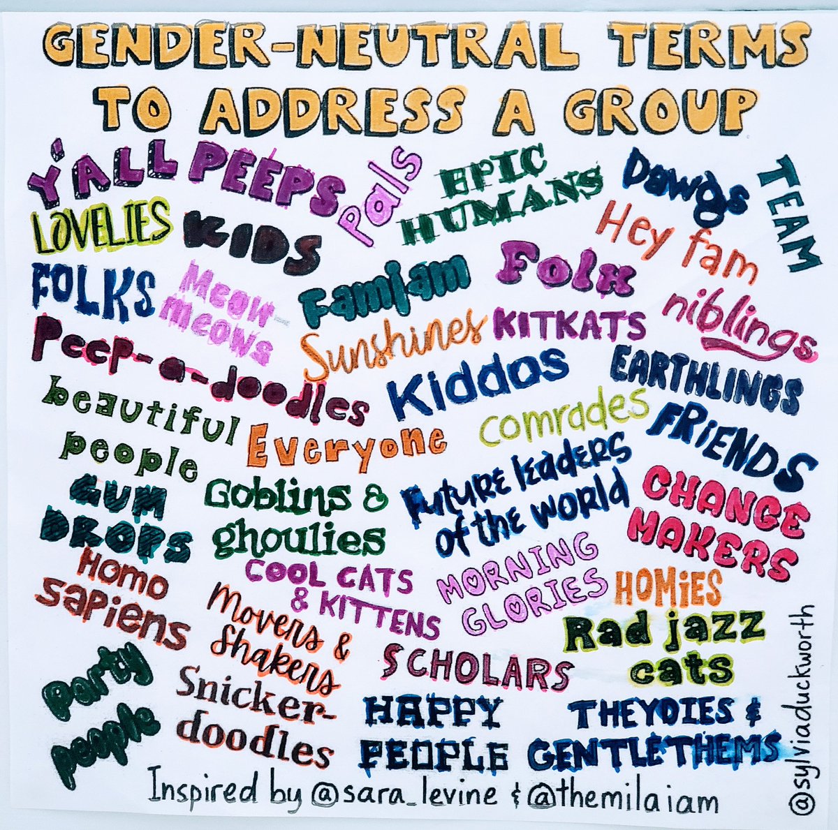 We added some pops of colour to the new poster in our room today. We're learning to be more inclusive in our relationships w/ each other. Instead of "hey guys!" or "boys &amp; girls" try these:
#wordsmatter #inclusionmatters
#tdsb #hpas #genderneutral
<a href="/sylviaduckworth/">Sylvia Duckworth</a>