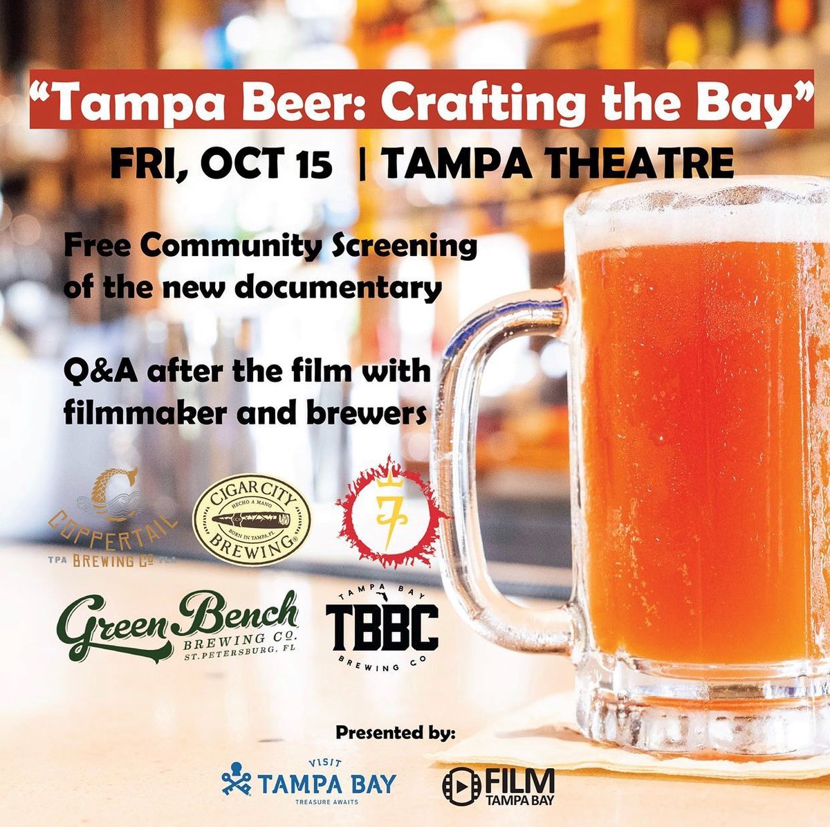 TONIGHT: <a href="/VisitTampaBay/">visittampabay</a> &amp; @filmtampabay 🎭 present: “Tampa Beer: Crafting the Bay” 

Grab your free ticket 🎟 to see the premiere at <a href="/tampatheatre/">Tampa Theatre</a> Fri, Oct 15th at 7:30PM! Q&amp;A after the film with filmmaker and brewers. 🍺

Free tickets are available at: tampatheatre.org/movie/tampa-be…