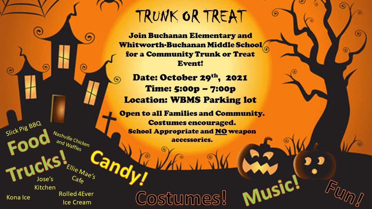 wbmsboro's tweet photo. Join us at WBMS as we partner to host @BESboro’s annual Trunk or Treat on October 29th from 5-7:00! Lots of treats, food trucks, and fine arts performances. We look forward to seeing our families come out for a night of fun! @BuzzingatBES @sneeda_WBMS https://t.co/9Es2sfs8YN
