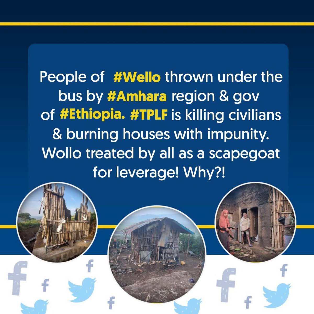 abdurehimderesa's tweet photo. 6. People of #Wollo thrown under the bus by #Amhara region &amp; gov of #Ethiopia. #TPLF is killing civilians &amp; burning houses with impunity. Wollo treated by all as a scapegoat for leverage! Why?! 😡
#UrgentHelpToWollo
@antonioguterres @USAIDAfrica @UNICEFUSA @HHShkMohd @mbachelet https://t.co/UD2PTeNgTD