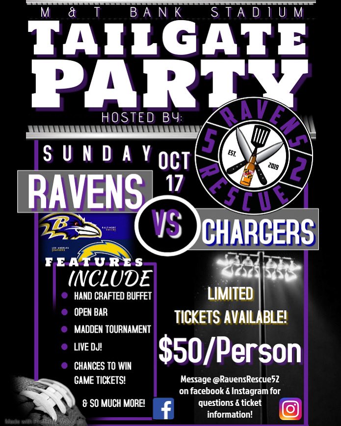 RavensRescue52's tweet photo. Join us this Sunday in lot H! Eat, drink, party and win tickets to the game! You don’t want to miss this one! #RavensFlock #TailgateSZN https://t.co/dxfgyZsDj7