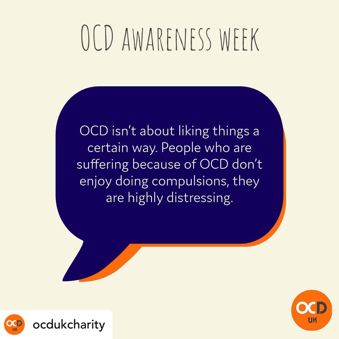 Day 6 #OCDweek There is nothing therapeutic, satisfying or enjoyable about being bullied by OCD into performing distressing compulsions. There is a big difference between liking things a certain way and needing something a certain way in a state of distress & fear