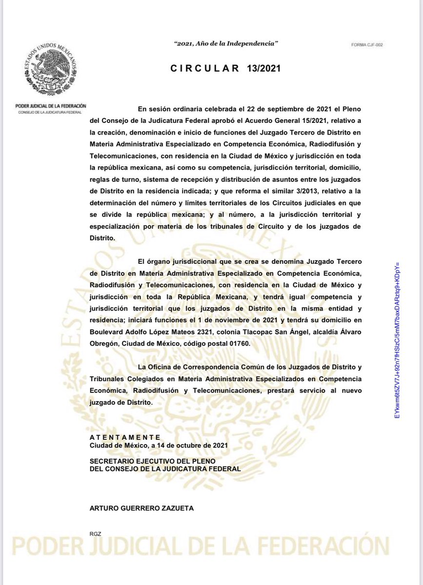 El @CJF_Mx aprobó el AG 15/2021, relativo a la creación del Juzgado Tercero de Distrito en Materia Administrativa Especializado en Competencia Económica, Radiodifusión y Telecomunicaciones, con residencia en la CDMX y jurisdicción en toda la república.