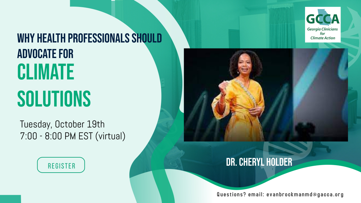 Join us and Dr. Cheryl Holder to discuss how we can be advocates for equitable climate solutions. #ClimateSolutions are #HealthSolutions Register now for Tuesday, October 19, 7-8pm EST. us02web.zoom.us/meeting/regist… @SatcherHealth @SNMA @MayorJohnsonSAV @DoctorBonzo @DrLindaWalden1