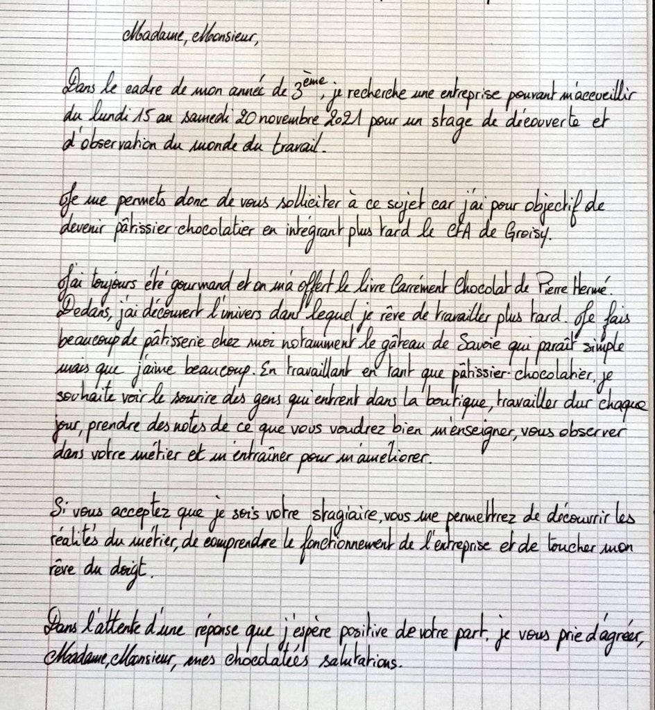 EmiLeimag's tweet photo. Bon alors du coup, mon fils, 14 ans et amoureux du métier, cherche un chocolatier sur Annecy. Pour son stage de 3ème (15 au 20 novembre) et idéalement, pour son apprentissage à partir de septembre prochain.
Tu nous aides ?
Merci Twitter ❤
(Sa lettre de motivation ⤵️)
DM ouverts https://t.co/428R7ojWW5