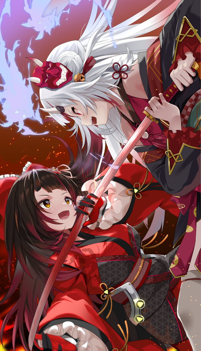 nakiri ayame ,roboco-san multiple girls 2girls weapon sword katana horns japanese clothes  illustration images