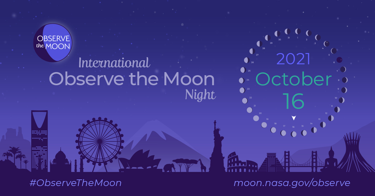 🌔 #ObserveTheMoon is coming soon!

Oct. 16 is International Observe the Moon Night, a global celebration of lunar observation, science, and exploration. Join us on social media at 7:30pm ET (23:30 UTC) for our live NASA TV broadcast! moon.nasa.gov/observe-the-mo…