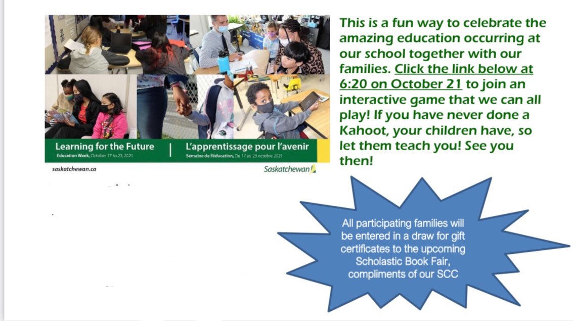 All Family Kahoot #SKEdWeek Can parents answer trivia based on grade K -8 curriculum? SCC participation draw for our upcoming <a href="/Scholastic/">Scholastic</a> book fair. See you October 21st at 6:30.