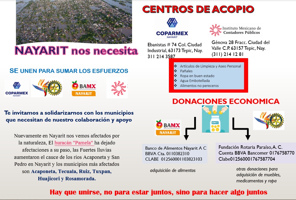 COPARMEXNAYARIT's tweet photo. Es momento de Unirnos, Sumar Esfuerzos y Solidarizarnos con nuestros hermanos de la Zona Norte que se vieron afectados por el Huracán Pamela.
Hacemos un llamado a la ciudadanía para poner su granito de arena y hacer alguna donación.
#FuerzaNayarit #CoparmexNayarit 💪 https://t.co/Uc63Z87Pz6