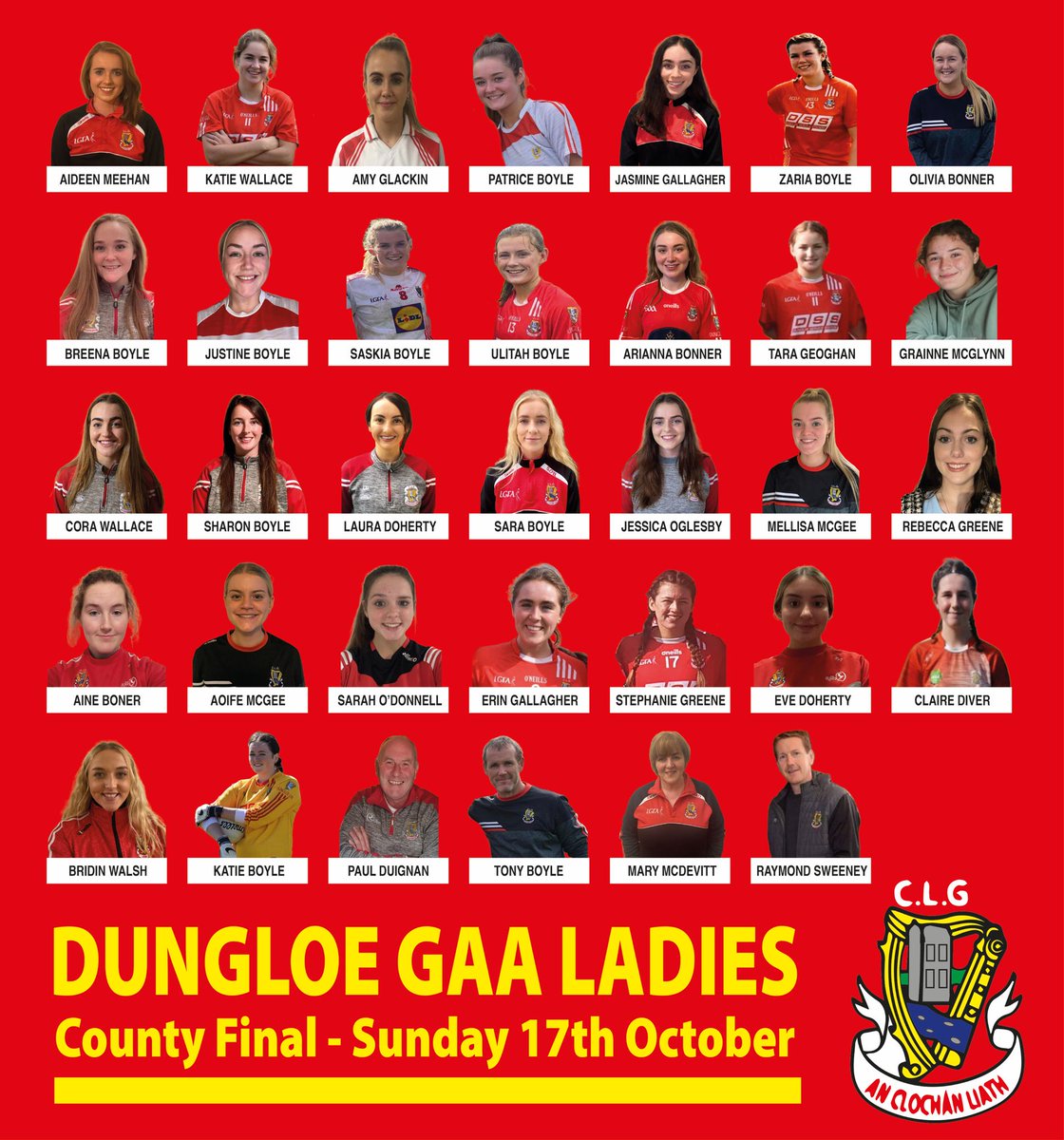DungloeGAA's tweet photo. Let's meet our senior ladies as they prepare for a county final this weekend. Special thanks to Conor Doherty for prepping the pen pics. Ádh Mhór a cailíní. 
Remember throw in at 1:30pm in Milford versus Robert Emmets. Let's get out there in our red &amp; white &amp; cheer our ladies on. https://t.co/K0QjMPil13