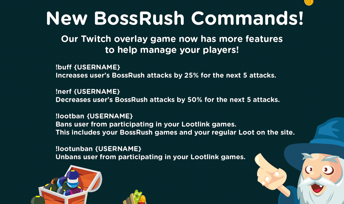 LootLinkMe's tweet photo. New BossRush Commands! More controls for managing your audience! #Announcement 

Check it out: https://t.co/7MePPsWyjX

Live now! Let us know what you think! https://t.co/g8CL4oBpAM