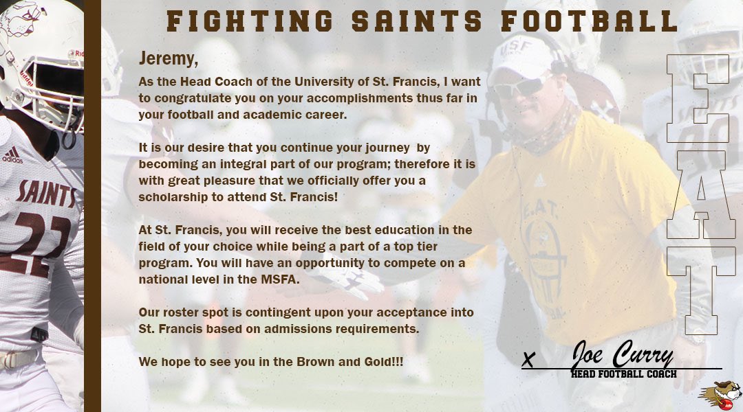 After a great call with <a href="/coachmiller3634/">Tom Miller 🇺🇦</a> I am blessed to receive an offer from University of St. Francis <a href="/wthsfb/">WTHS Blue Devil FB</a> <a href="/EDGYTIM/">Timothy “EDGYTIM” OHalloran</a> <a href="/coachskoik11/">Justin Van Schaick</a> <a href="/UofStFrancis/">University of St. Francis</a> <a href="/USFSaintsFB/">Fighting Saints Football</a>