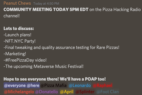 RarePizzas's tweet photo. COMMUNITY MEETING in <10 minutes! #rarepizzas #nftnyc #pizzashouldbefree https://t.co/qqcTqbNp8C