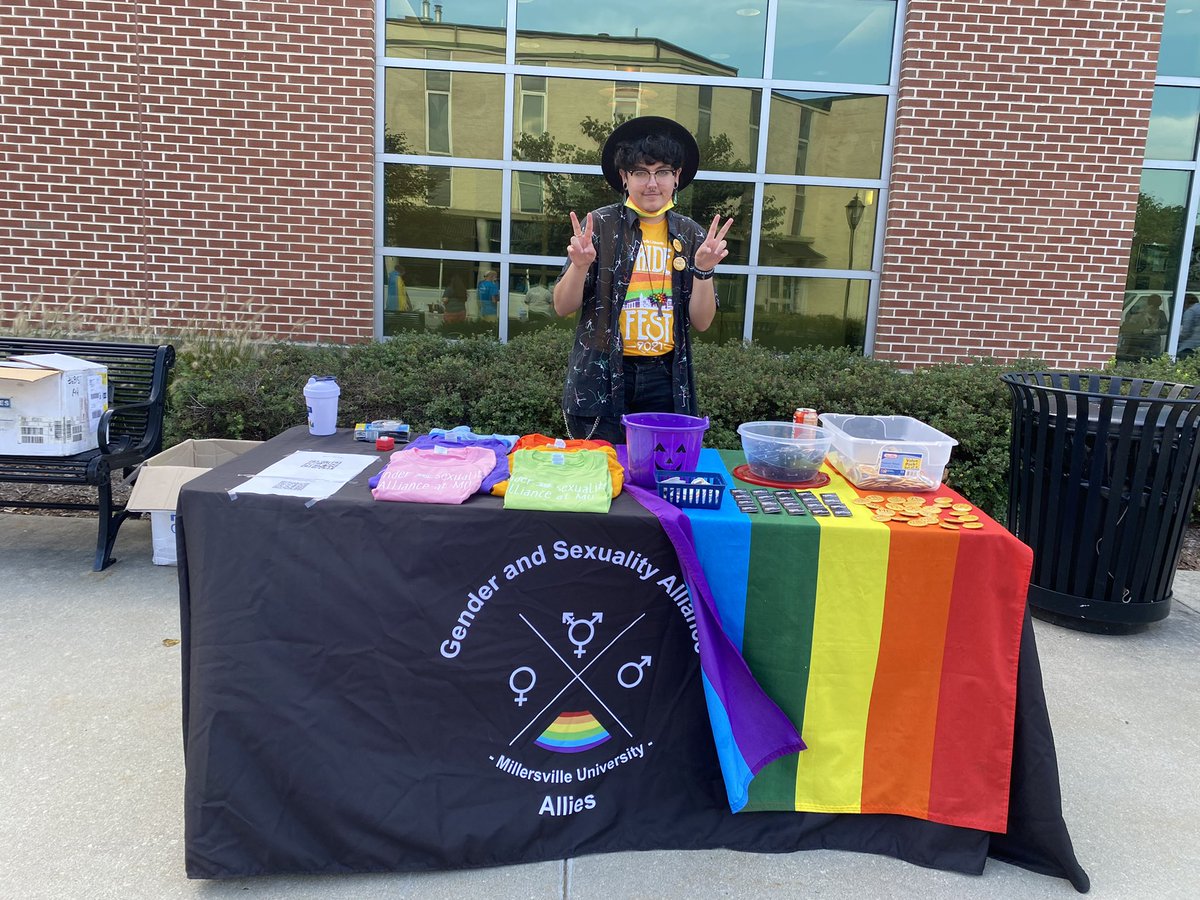 GSAMillersville's tweet photo. Find us at Pride Fest right outside the SMC today from 5-7 PM!!! We have shirts, pins, and stickers! https://t.co/BC9DdjCnZ3