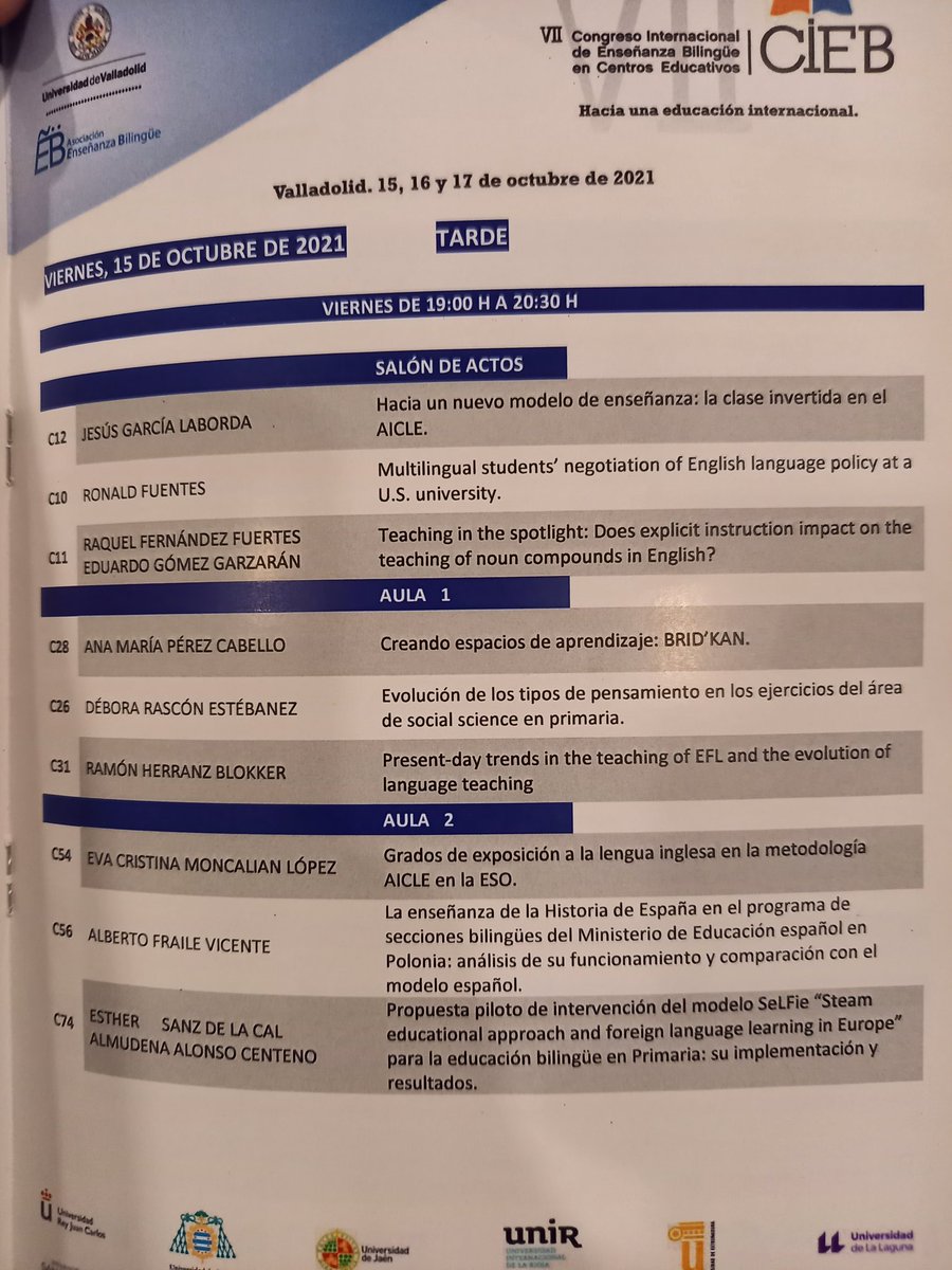 Que el profesorado asistente al congreso aguante un viernes hasta las 20:30 tiene mucho mérito, y más cuando la mayoría han estado dando clase esa misma mañana o han viajado desde sus destinos lejanos. Queda mucho congreso @CIEB2021: el sábado y domingo. ¡Olé profes bilingües!