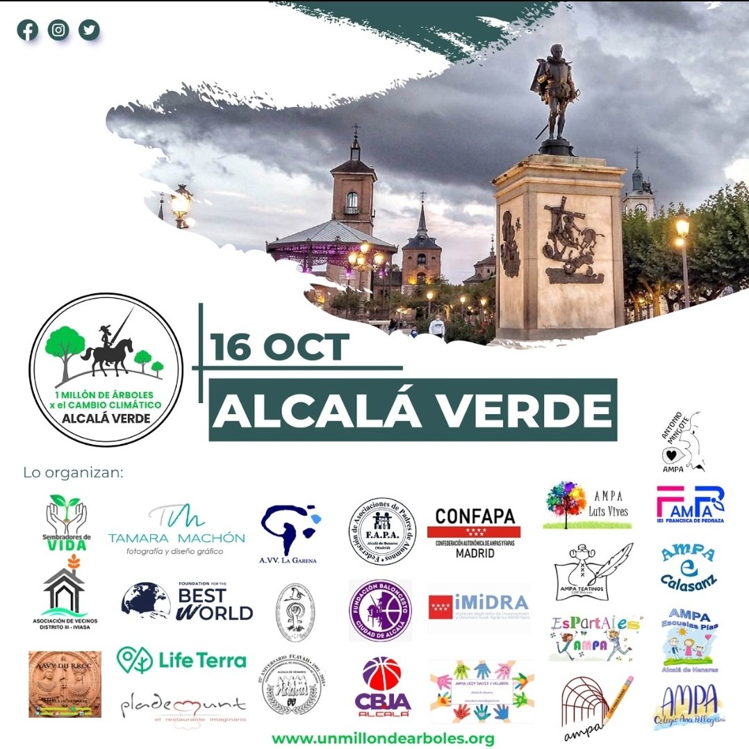 AlcalaVerde1's tweet photo. Este sábado tendrá lugar la plantación inaugural de «Un millón de árboles» en Alcalá de Henares

-SÉ EL CAMBIO QUE QUIERES VER EN EL MUNDO-
.
🌳
https://t.co/zSY9HR768p
🌱
#España #Madrid #AlcaláVerde #1MillónDeÁrboles https://t.co/BGXtn3Ppcd
