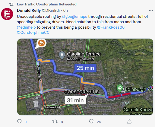 SpokesLothian's tweet photo. @DKinEdi @TrafficLow @googlemaps @edinhelp @FrankRoss06 @CorstorphineCC #RatRunning
😬This is really shocking & happening in local #Neighbourhoods across UK
Evidence from #London->https://t.co/lnWJA5zOwn
🙄@Google's @Waze says "drive like a local with shortcuts”
🙋♀️Solution is #ModalFilters #LTNS
Of course, through-drivers will complain bitterly! https://t.co/6hpcaAD40G