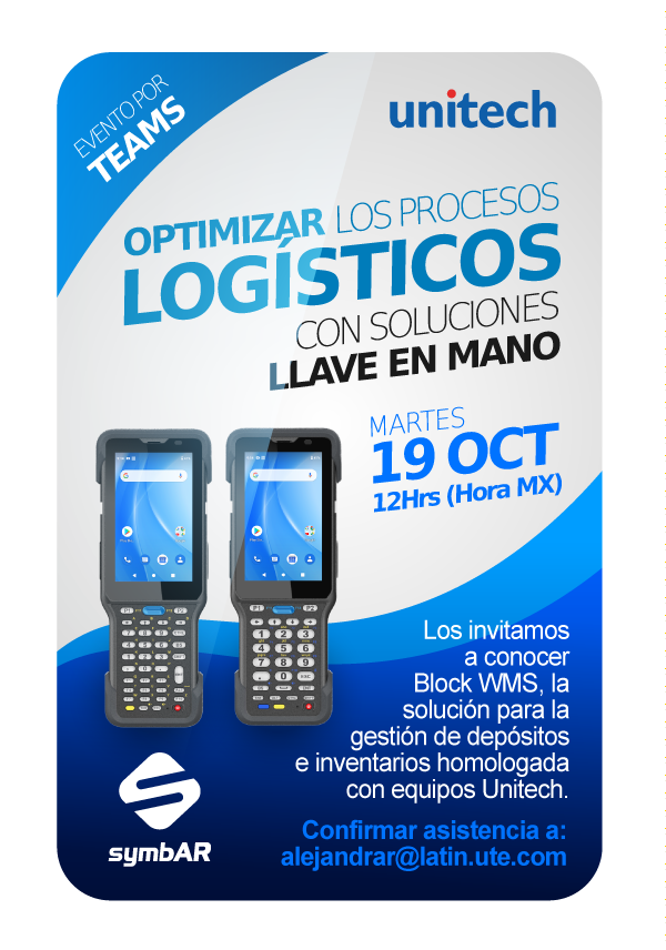 UnitechLatam's tweet photo. Este Martes 19 de Octubre a las 12 horas de México, te invitamos a conocer la Solución Llave en Mano para Procesos Logísticos con Block WMS de Symbar y la HT730 de Unitech! Regístrate! https://t.co/6u1iJ6T7yn