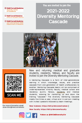 WCM Diversity Center of Excellence (@wcmdiversityctr) on Twitter photo We are hosting the Diversity Mentoring Cascade on 10/26. New URM <a href="/WeillCornell/">Weill Cornell Medicine</a> students, residents, fellows, & faculty are invited to apply & join us. Check email for invitation to join us for mentorship and community building or request app dcoe-dmc@med.cornell.edu #WCMDiversity We are hosting the Diversity Mentoring Cascade on 10/26. New URM <a href="/WeillCornell/">Weill Cornell Medicine</a> students, residents, fellows, & faculty are invited to apply & join us. Check email for invitation to join us for mentorship and community building or request app dcoe-dmc@med.cornell.edu #WCMDiversity