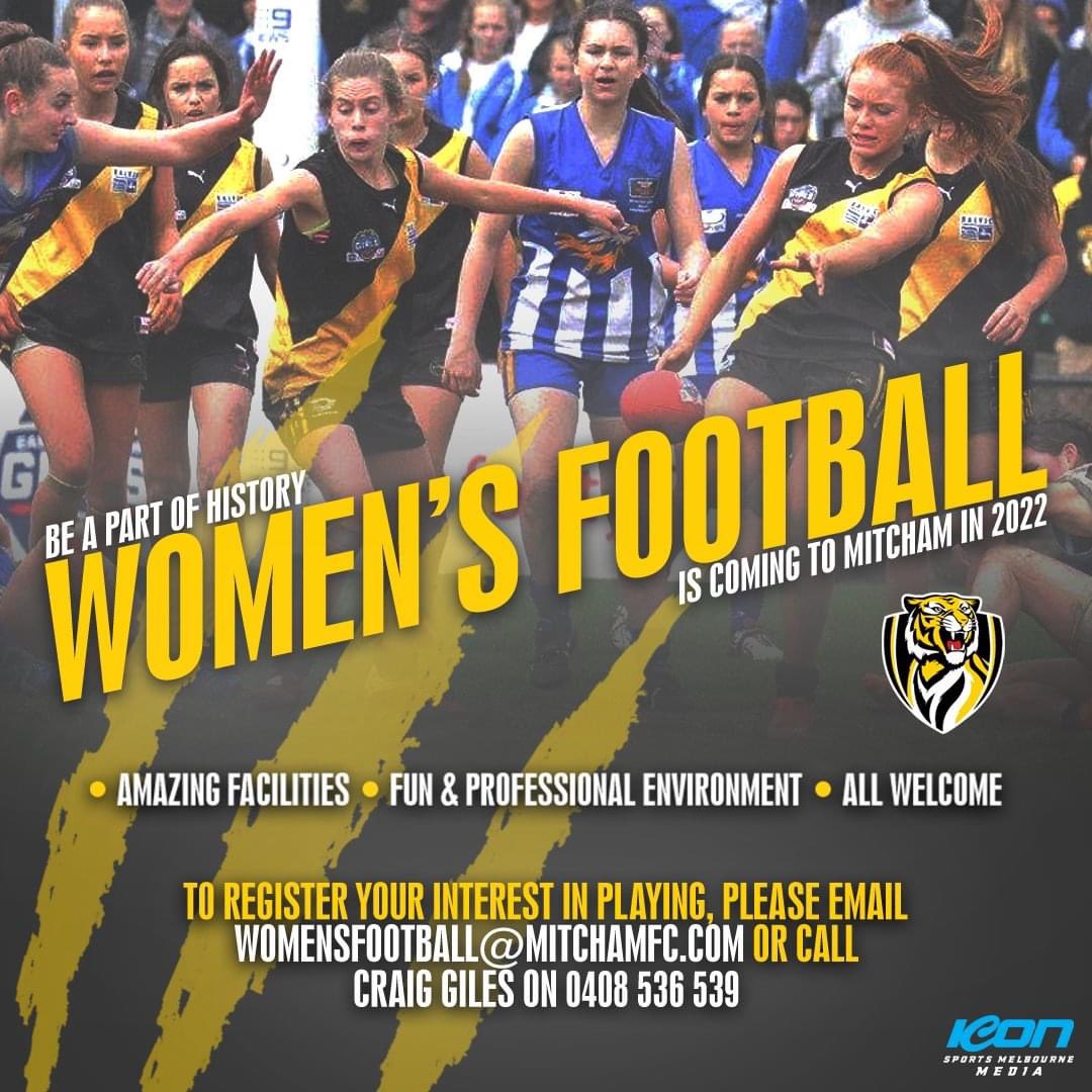 MitchamJFC's tweet photo. Be part of history and register your interest in playing in the inaugural senior women’s football team at @MitchamFC by emailing womensfootball@mitchamfc.com or by contacting Craig Giles on 0408 536 539. #stronganbold @localfooty @Eastern_FNL @AFL @aflvic https://t.co/ZmumurVQEL