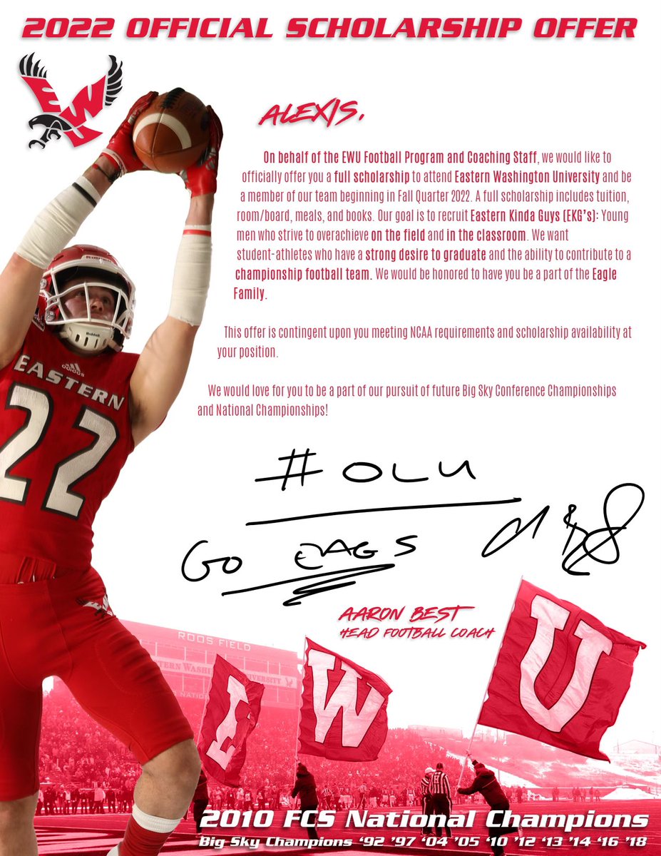 Official Scholarship Offer from <a href="/EWUFootball/">EWU Football 🏈</a>. Blessed to be in this position. 🦅🔴 <a href="/CoachBestEWU/">Coach Aaron Best</a> 
<a href="/AllenBrown_4/">Coach AB</a> <a href="/CoachJaseBooty/">Jase Butorac</a>