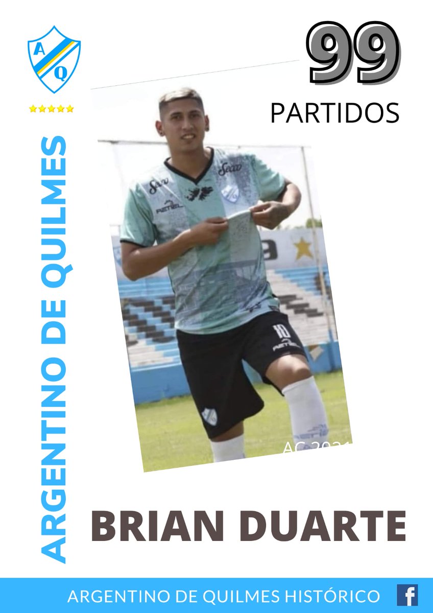 Brian Alexis Duarte, el habilidoso volante que debuto el 12/03/2017 tiene 99 presencias con la #primeracelesteyblanca. En cuanto ponga un pié nuevamente en un partido oficial, cumplirá los 100 partidos con @ArgdeQuilmesOf

Datos : #ABCMate el diccionario de Argentino de Quilmes.