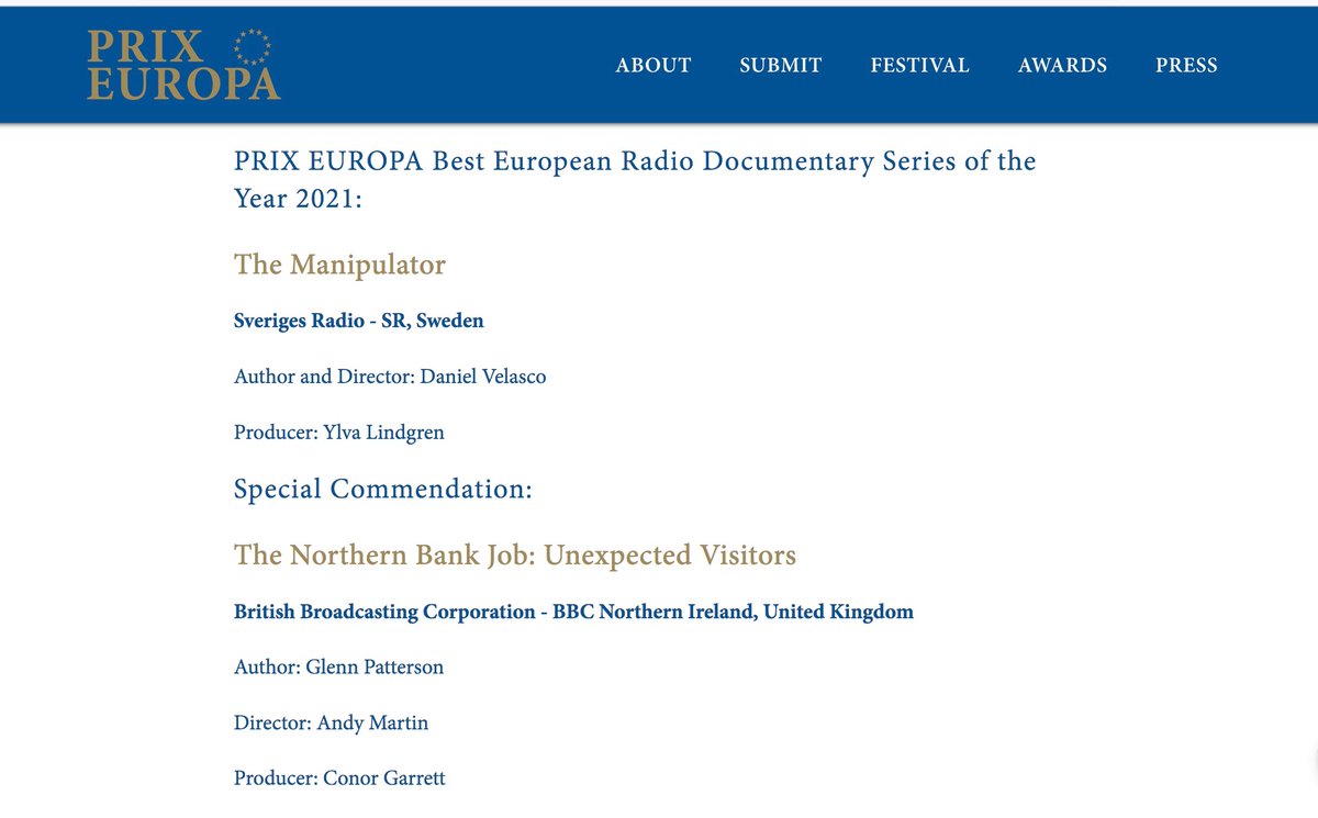 Unbelievable news, "The Northern Bank Job" just won special commendation for best European radio documentary at <a href="/PRIXEUROPA/">PRIX EUROPA</a> this evening. HUGE congratulations to <a href="/conorgarrett/">Conor Garrett</a> and <a href="/Heresmehere/">Glenn Patterson</a>. It was such a pleasure to make the original score for this, and I'm feeling very proud