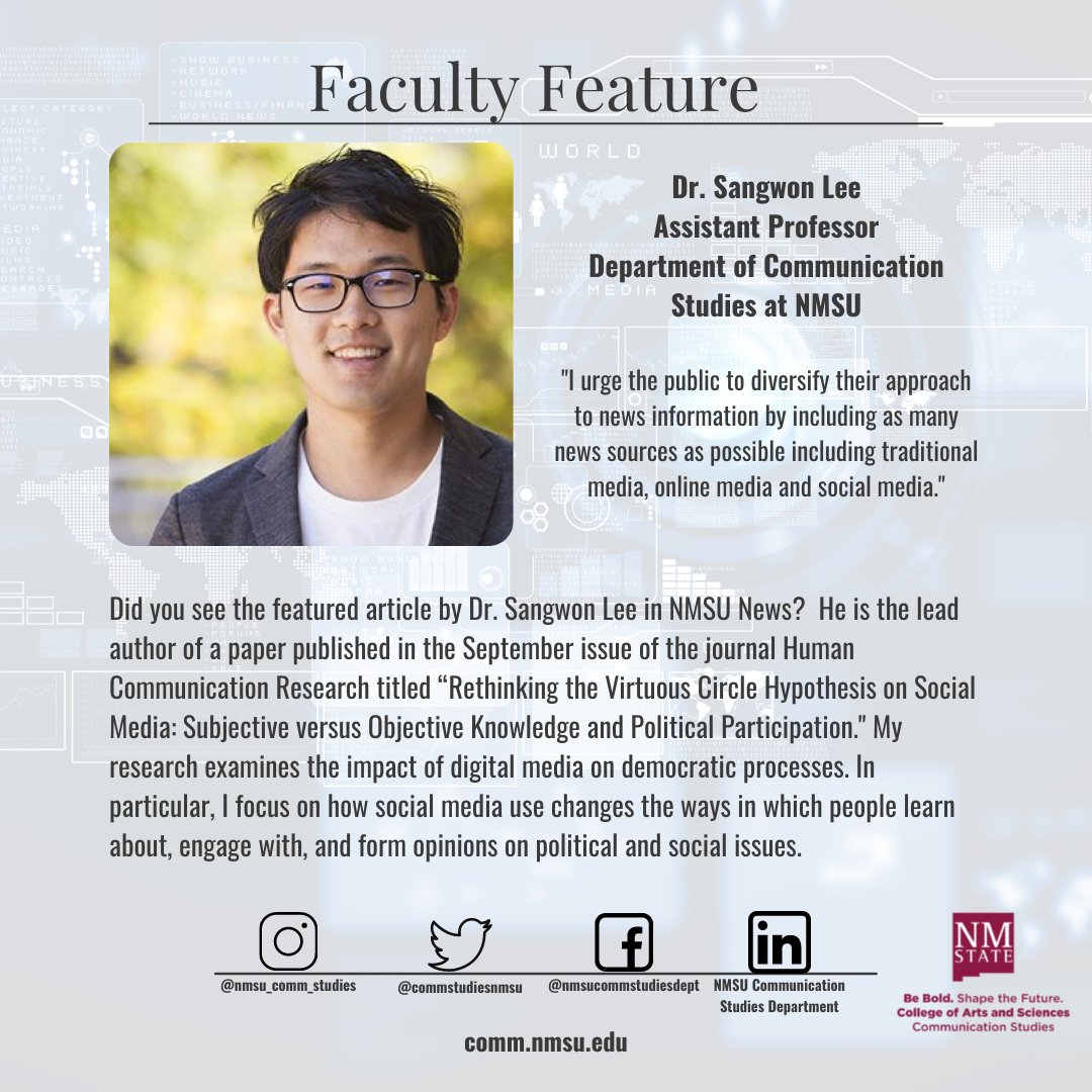 We have another Faculty Feature Friday!  In case you missed it, make sure to check out the article highlighting Dr. Lee's research on NMSU News!  You can read more here:  news.nmsu.edu/2021/09/nmsu-r…  #nmsucommstudies #facultyfeature #friday #nmsunews