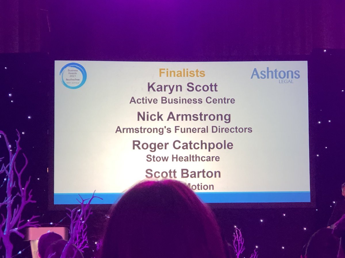 MaryPorch's tweet photo. Strong finalists for the @AshtonsLegal sponsored Business Leader Award … but the winner is Roger Catchpole from @StowHealthcare - presented by @GeoffHazlewood 👏🏻👏🏻👏🏻🍾 https://t.co/QedgXyP30v
