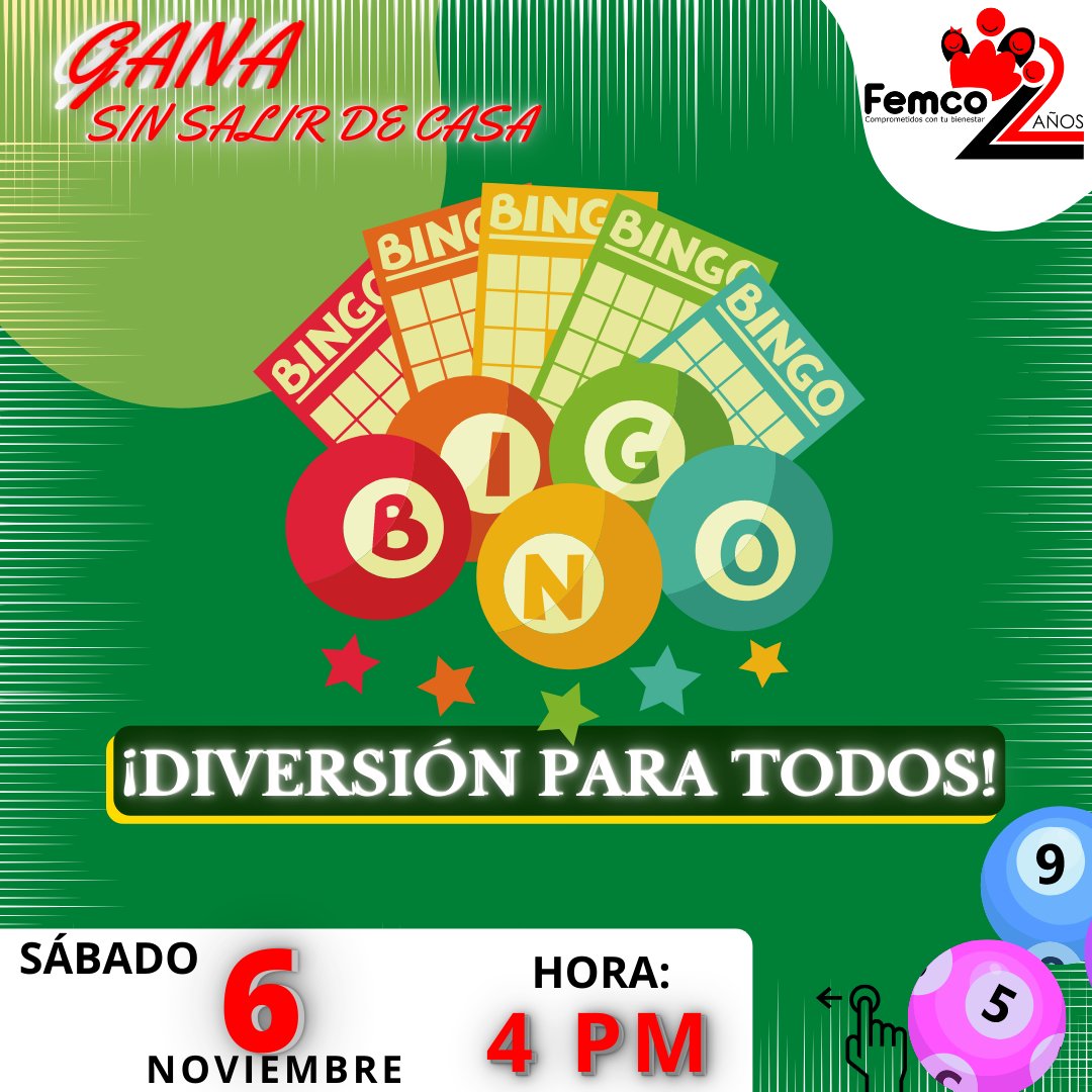 FFemco's tweet photo. 💥Se llegó el
🅱🅸🅽🅶🅾 Virtual 🙋🏼♀️🙋🏻♂️ 🅕🅔🅜🅒🅞. Cargado de muchas sorpresas🕺🏻🎁.
.
✅Sábado 6⃣ de noviembre.
✅A partir de las 4pm.
.
Inscripciones abiertas
⬇️⬇️⬇️
(323) 209 09 98
(310) 459 84 53
(320) 714 03 95
#fondofemco
#sorpresas #bingovirtual #premios #familiafemco https://t.co/mtXQQ7Oyyq