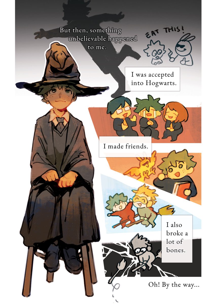 short comic of bnha hp au i did for the quirks and quidditch zine! 