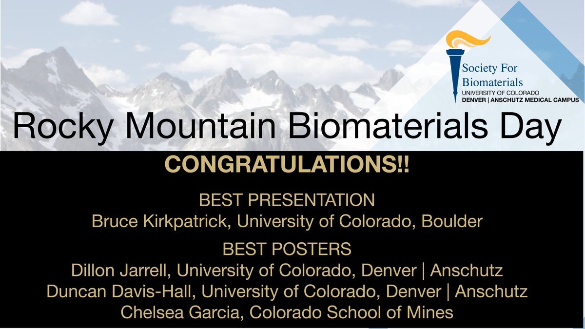 Society for Biomaterials | CU Anschutz (@sfb_cu) on Twitter photo We also wish to extend special congratulations to Bruce Kirkpatrick (<a href="/bruceekirk/">Bruce Kirkpatrick</a>)--the winner of our oral presentation contest--and to Duncan Davis-Hall, Dillon Jarell, and Chelsea Garcia (<a href="/chelschels_10/">Chelsea Johansen</a>), the winners of our poster presentations contest! (2/2) We also wish to extend special congratulations to Bruce Kirkpatrick (<a href="/bruceekirk/">Bruce Kirkpatrick</a>)--the winner of our oral presentation contest--and to Duncan Davis-Hall, Dillon Jarell, and Chelsea Garcia (<a href="/chelschels_10/">Chelsea Johansen</a>), the winners of our poster presentations contest! (2/2)