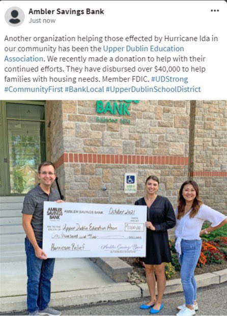 UDEA13's tweet photo. Ambler Savings Bank donated $1,000 towards our efforts to help families with housing needs. We are so grateful for the partnership to serve our community! #UDStrong #CommunityFirst #amblersavingsbank https://t.co/H38pOyeFzH