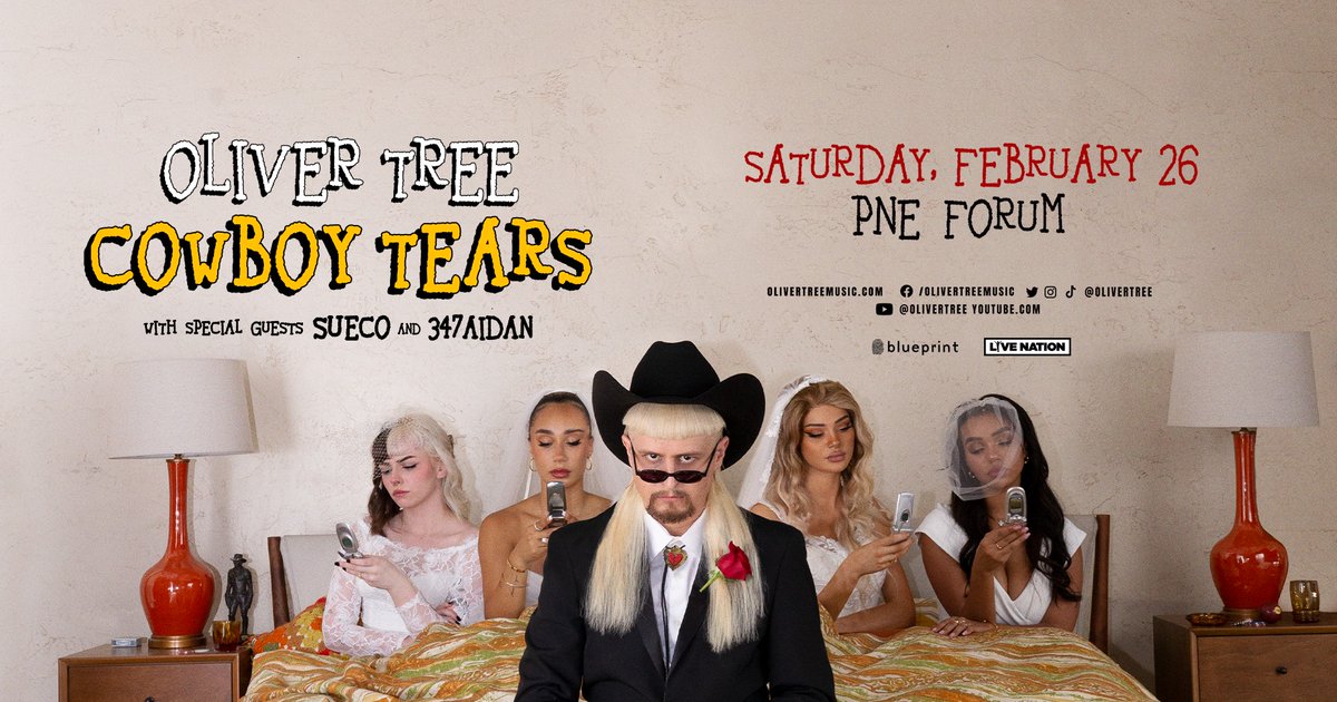 Internet based vocalist, producer, writer, director and performance artist, <a href="/Olivertree/">Oliver Tree</a>'s final tour comes to #Vancouver on Sat. 02/26, 2022 at the PNE Forum (All Ages) w/ <a href="/suecothechild/">sueco</a>  &amp; <a href="/347Aidan/">347</a> 🤠

Get tickets ➤ bit.ly/olivertree604