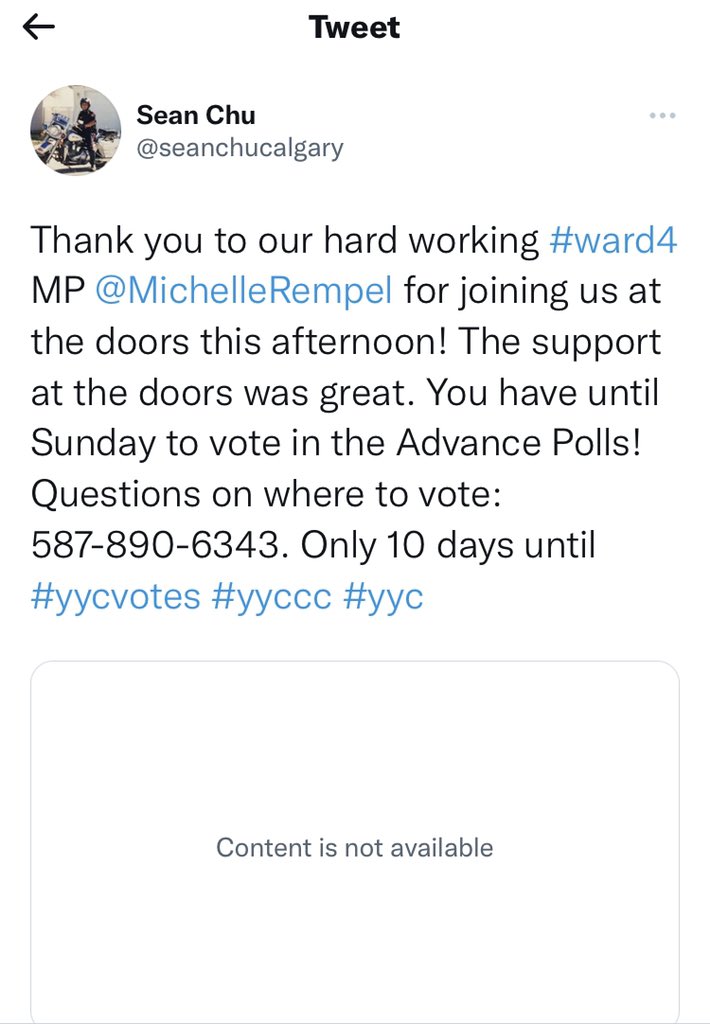 Hmm. Sean Chu’s tweet that embedded Michelle Rempel’s video supporting him at the doors…has been gutted. 🤔

#yycvote #yyccc