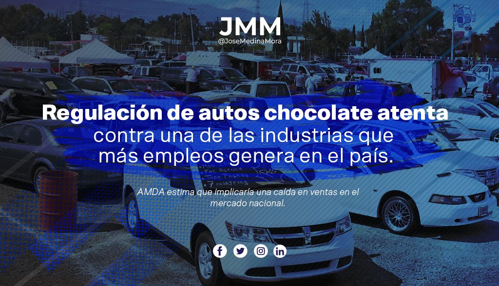 JoseMedinaMora's tweet photo. En @Coparmex advertimos que la competencia desleal que representa la regularización de “autos chocolate” atenta gravemente contra la recuperación de un sector clave para el país. #JMM https://t.co/ShcbYmrio7