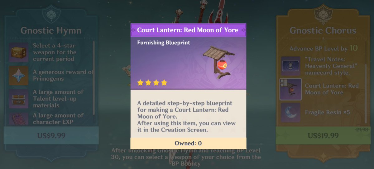 AntheaCosplay's tweet photo. Let's talk about #GnosticChorus in BP
19,99USD for Court Lantern that look same as three others that you can buy in TeaPot, just the light is different. 
I like Genshin.. But this feel lazy.. Sorry
#GesnhinBattlePass #GenshinImpact https://t.co/AVPvZHANhq