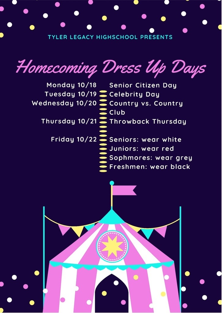 Get ready to celebrate homecoming at Legacy next week! Dress up days:
Mon- Sr. Citizen Day
Tues- Celebrity Day
Wed- Country vs. Country Club
Thurs- Throwback Day 
Fri- Class Colors 9th Black, 10th Gray, 11th Red, 12th White