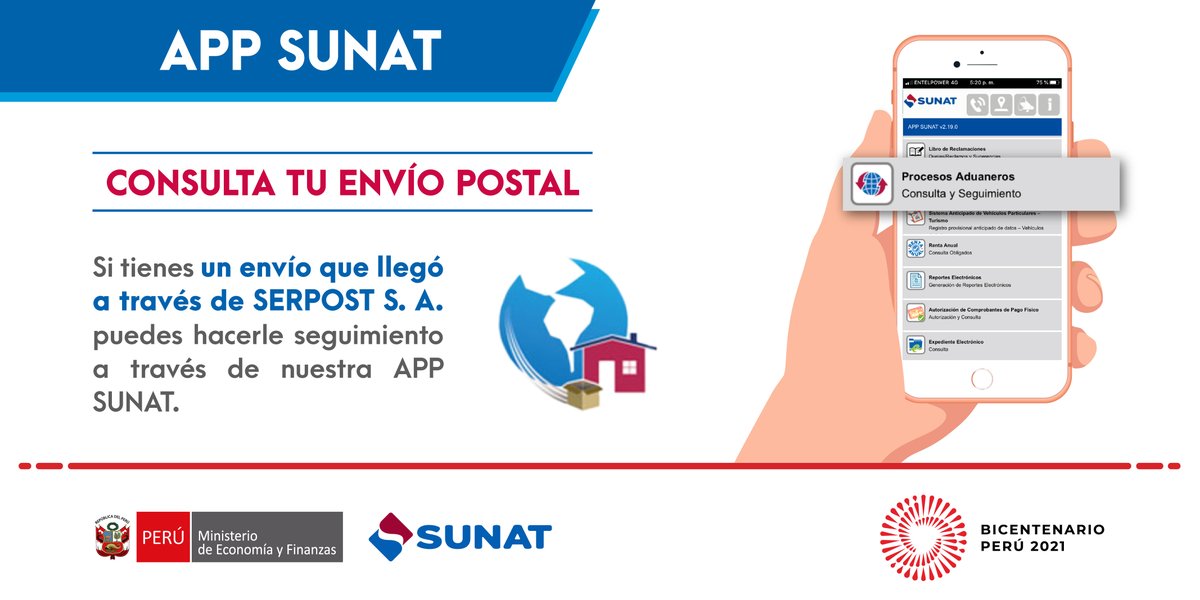 SUNATOficial's tweet photo. 📬 ATENCIÓN
Con nuestra #AppSunat 📲 realiza el seguimiento de tus operaciones de #comercioexterior 📦 🌎
Obtén más información, aquí 💻 https://t.co/LrOxbzQcoj https://t.co/S1YI0X5jHw