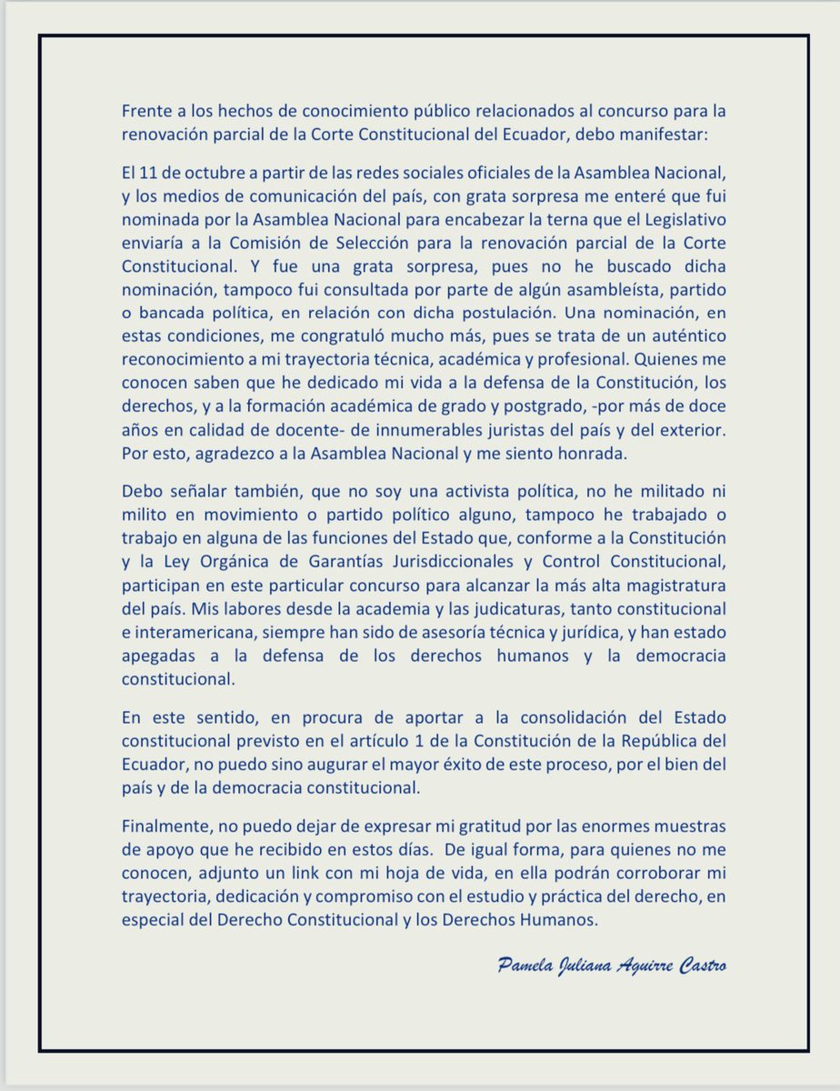 Frente a los hechos de conocimiento público relacionados al concurso para #renovaciónparcial de la <a href="/CorteConstEcu/">Corte Constitucional</a> ⬇️drive.google.com/file/d/1YZ8bNO…